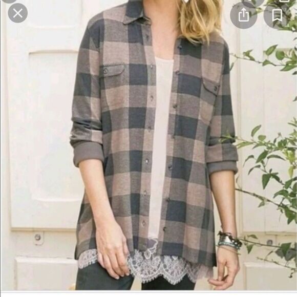 Soft Surroundings Button Down Shirt Pink Grey Buffalo Plaid Check Small - Picture 1 of 7